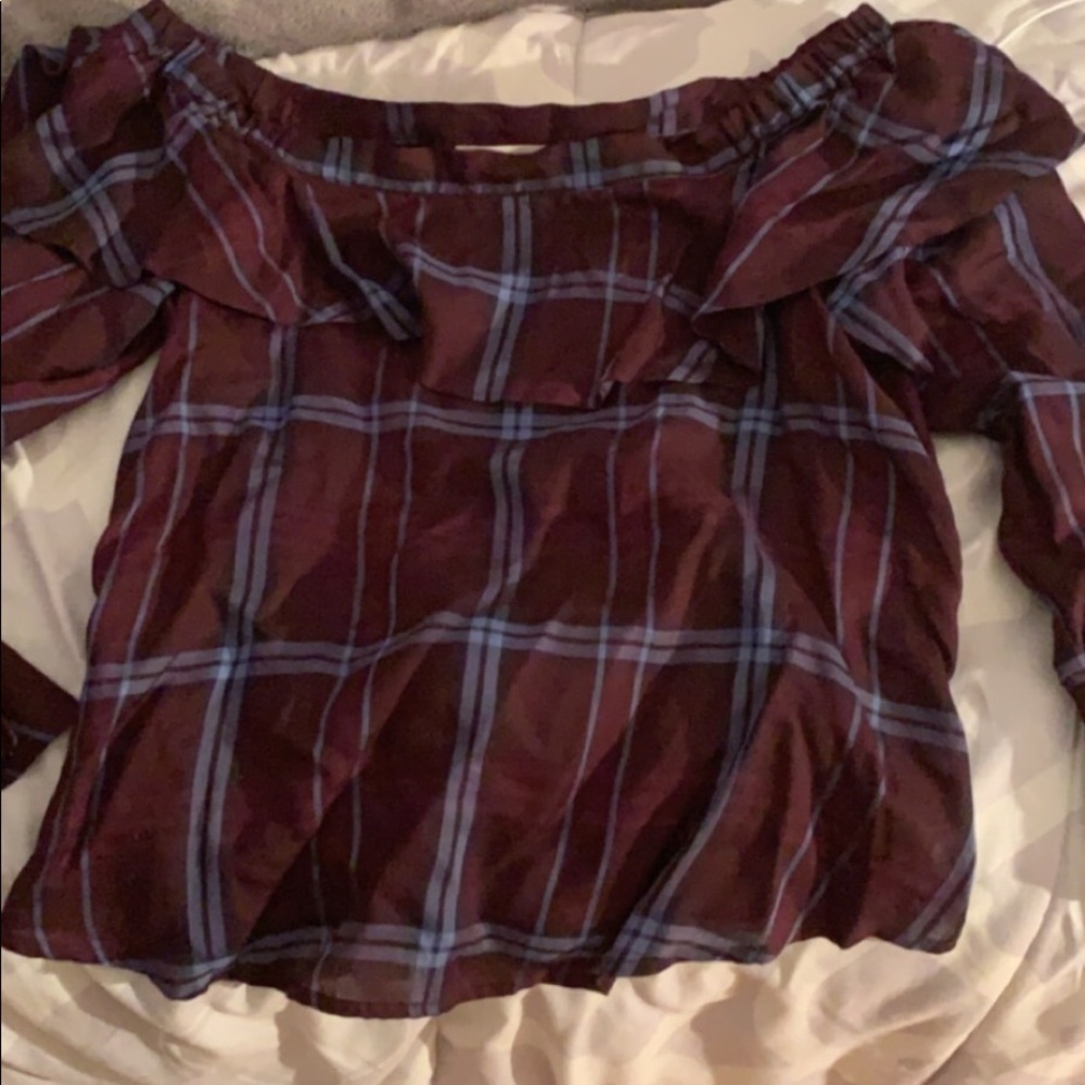 Ann Taylor Loft off the shoulder plaid shirt! - Picture 4 of 4